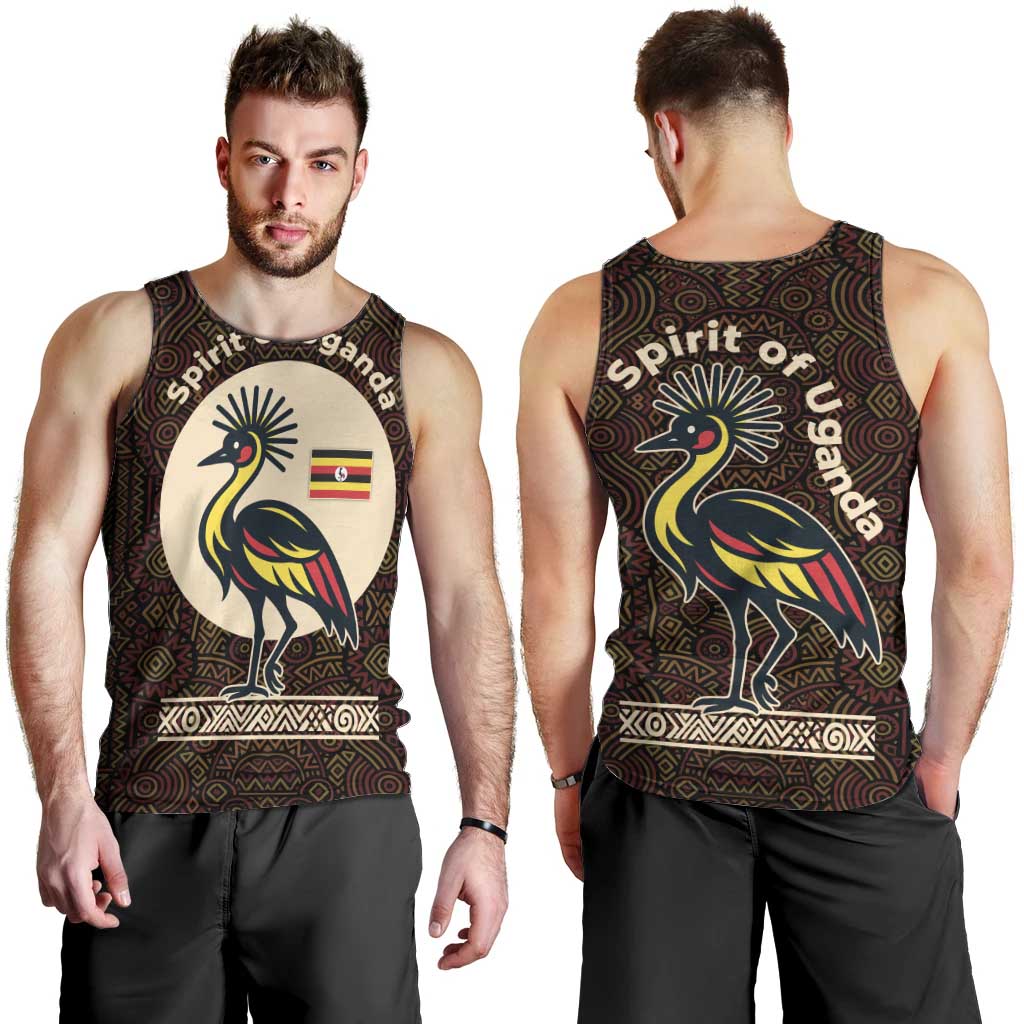 Uganda Men Tank Top with Grey Crowned Crane and Tribal Pattern Spirit of Uganda Theme