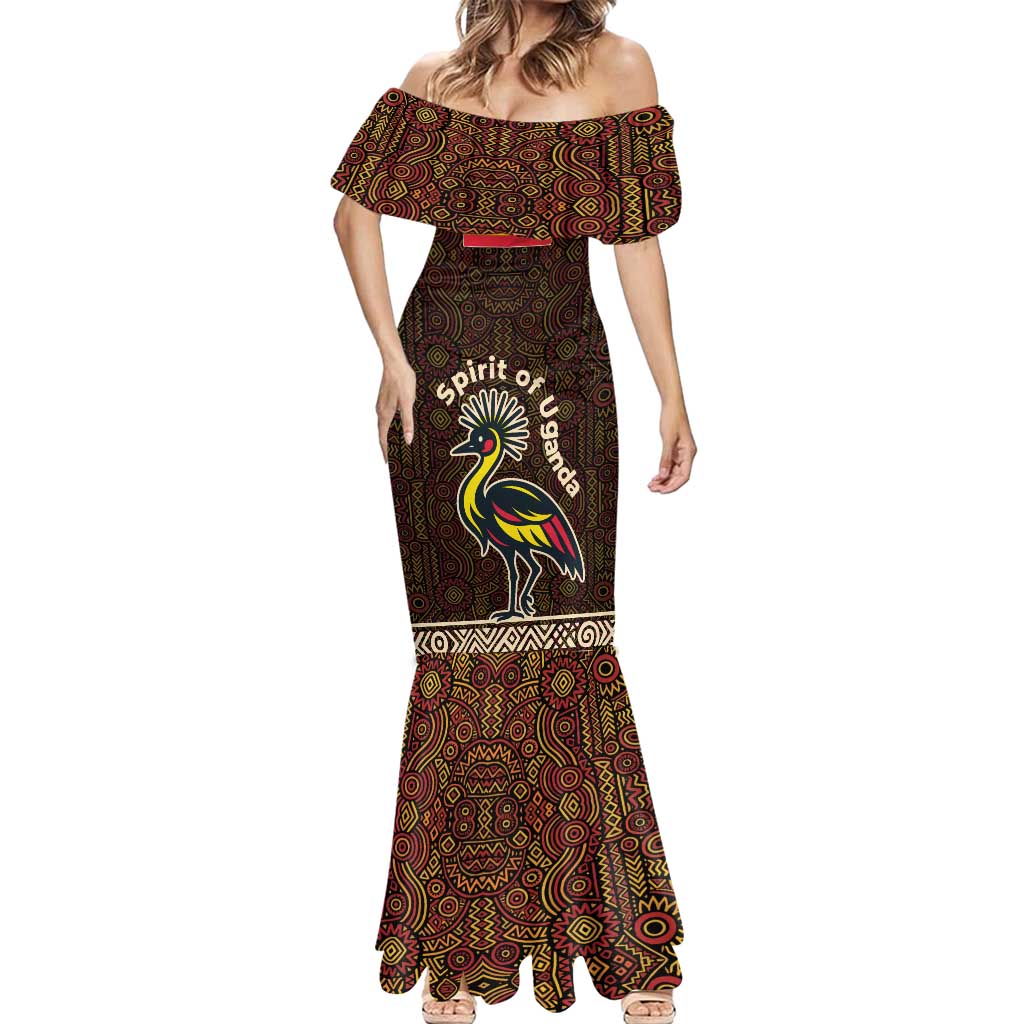 Uganda Mermaid Dress with Grey Crowned Crane and Tribal Pattern Spirit of Uganda Theme