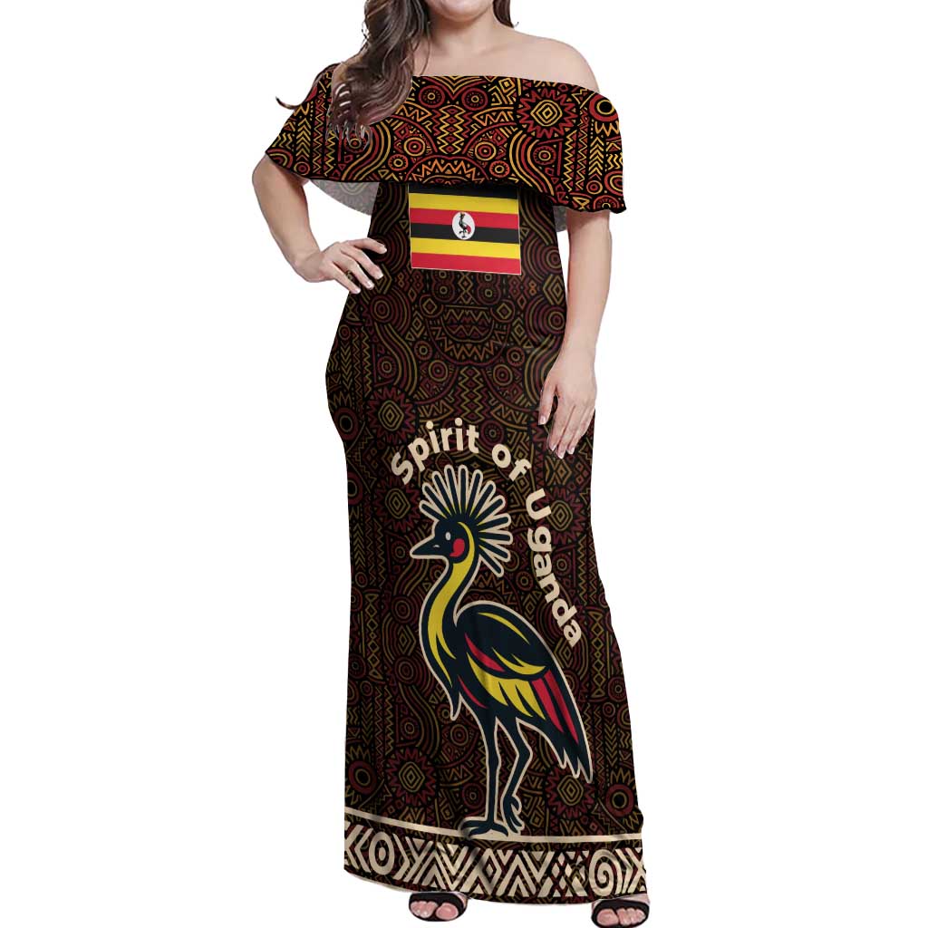 Uganda Off Shoulder Maxi Dress with Grey Crowned Crane and Tribal Pattern Spirit of Uganda Theme