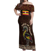 Uganda Off Shoulder Maxi Dress with Grey Crowned Crane and Tribal Pattern Spirit of Uganda Theme