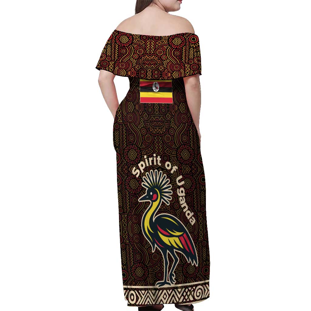 Uganda Off Shoulder Maxi Dress with Grey Crowned Crane and Tribal Pattern Spirit of Uganda Theme