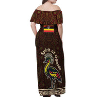 Uganda Off Shoulder Maxi Dress with Grey Crowned Crane and Tribal Pattern Spirit of Uganda Theme
