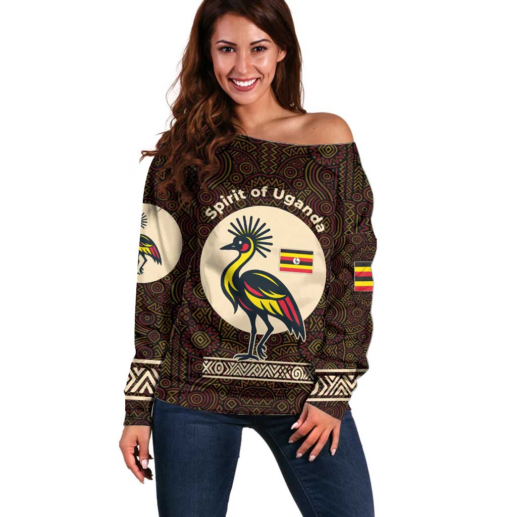 Uganda Off Shoulder Sweater with Grey Crowned Crane and Tribal Pattern Spirit of Uganda Theme