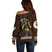 Uganda Off Shoulder Sweater with Grey Crowned Crane and Tribal Pattern Spirit of Uganda Theme