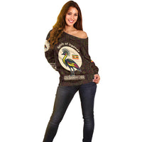 Uganda Off Shoulder Sweater with Grey Crowned Crane and Tribal Pattern Spirit of Uganda Theme