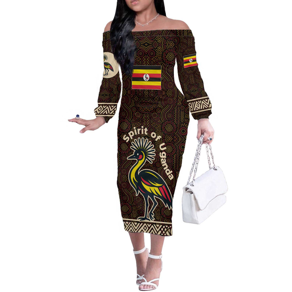 Uganda Off The Shoulder Long Sleeve Dress with Grey Crowned Crane and Tribal Pattern Spirit of Uganda Theme