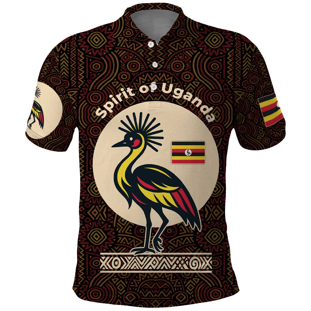 Uganda Polo Shirt with Grey Crowned Crane and Tribal Pattern Spirit of Uganda Theme