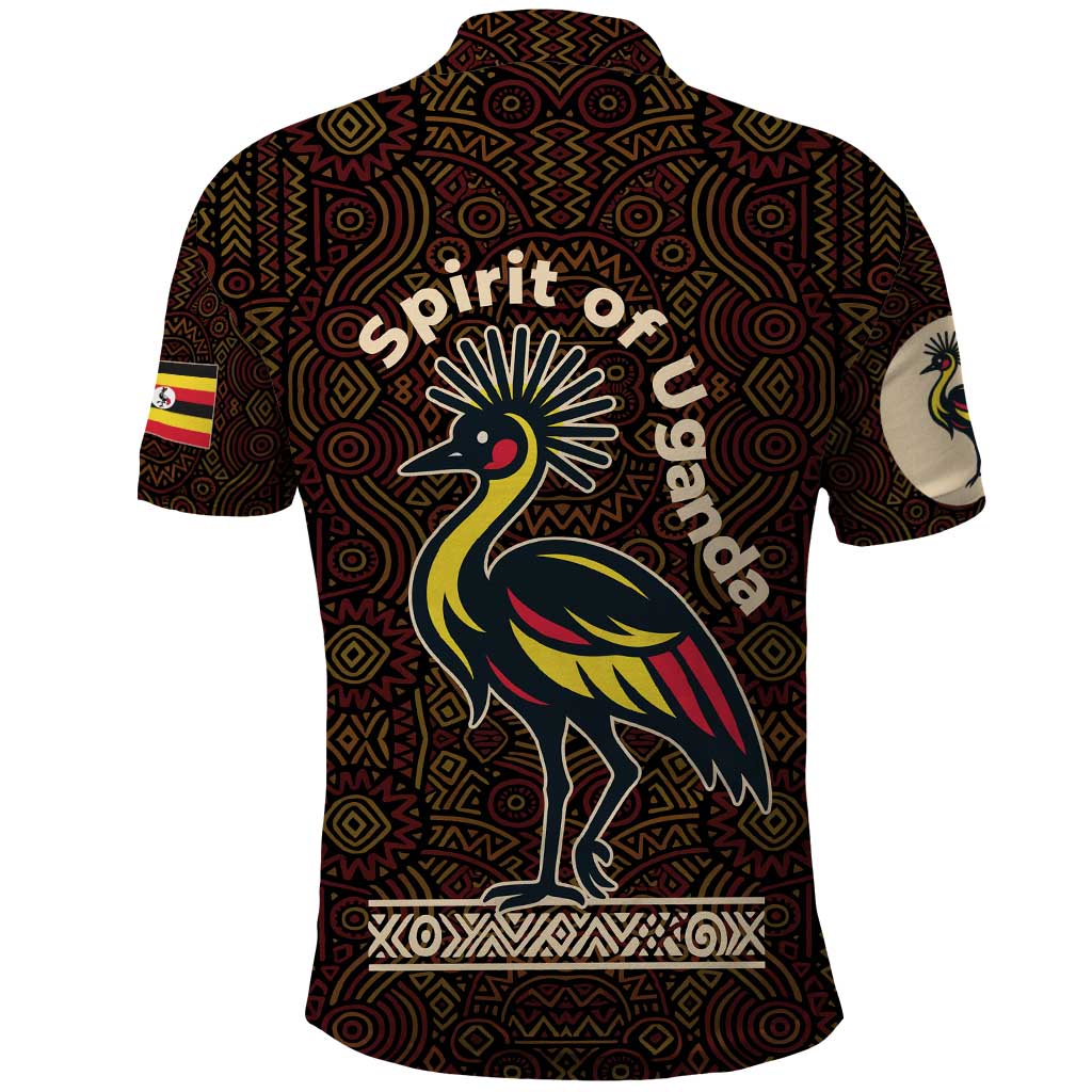 Uganda Polo Shirt with Grey Crowned Crane and Tribal Pattern Spirit of Uganda Theme