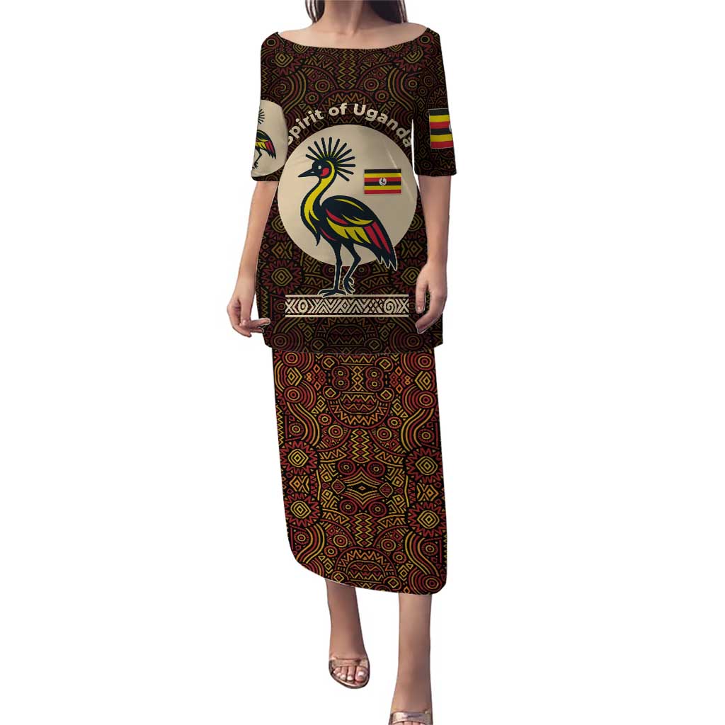Uganda Puletasi with Grey Crowned Crane and Tribal Pattern Spirit of Uganda Theme