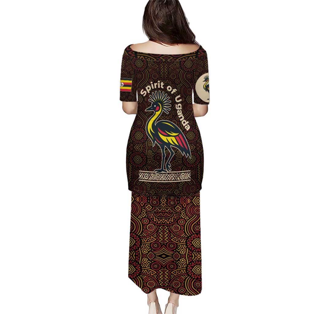 Uganda Puletasi with Grey Crowned Crane and Tribal Pattern Spirit of Uganda Theme