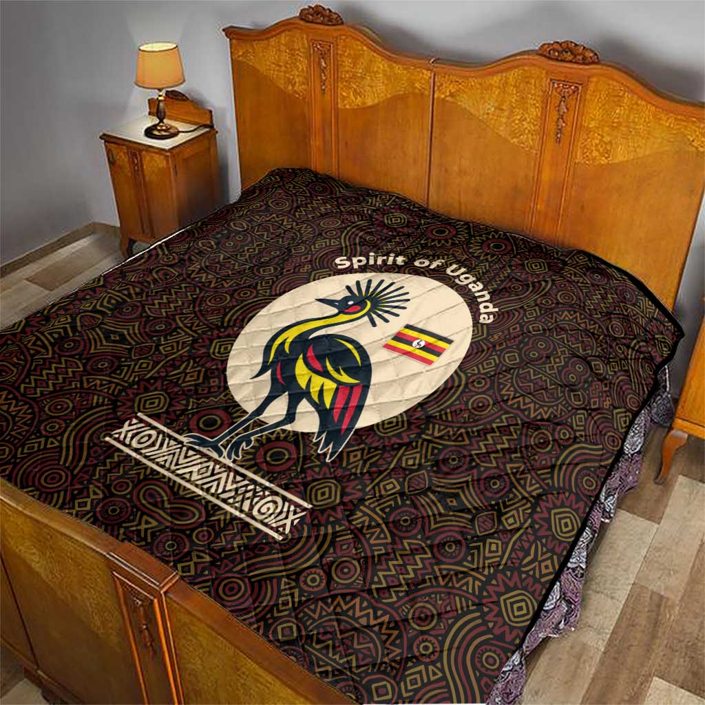 Uganda Quilt with Grey Crowned Crane and Tribal Pattern Spirit of Uganda Theme