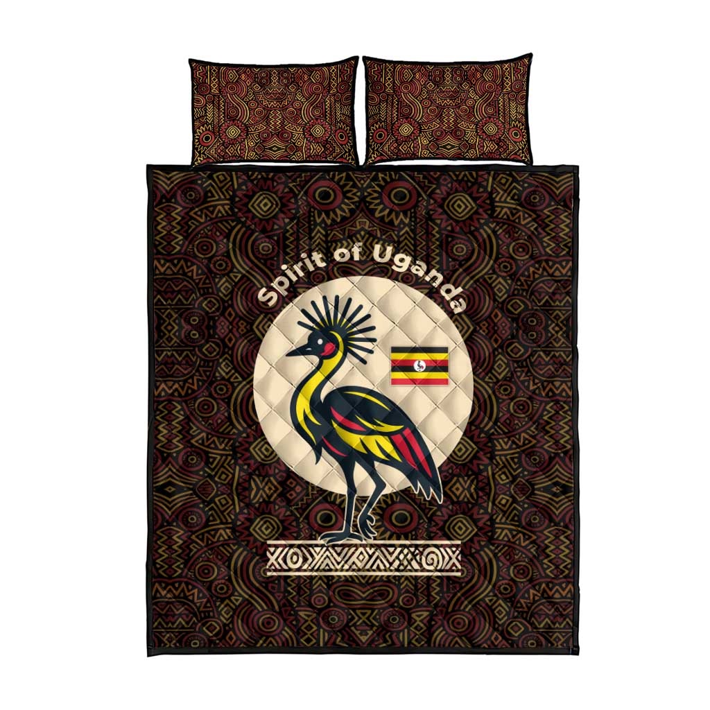 Uganda Quilt Bed Set with Grey Crowned Crane and Tribal Pattern Spirit of Uganda Theme