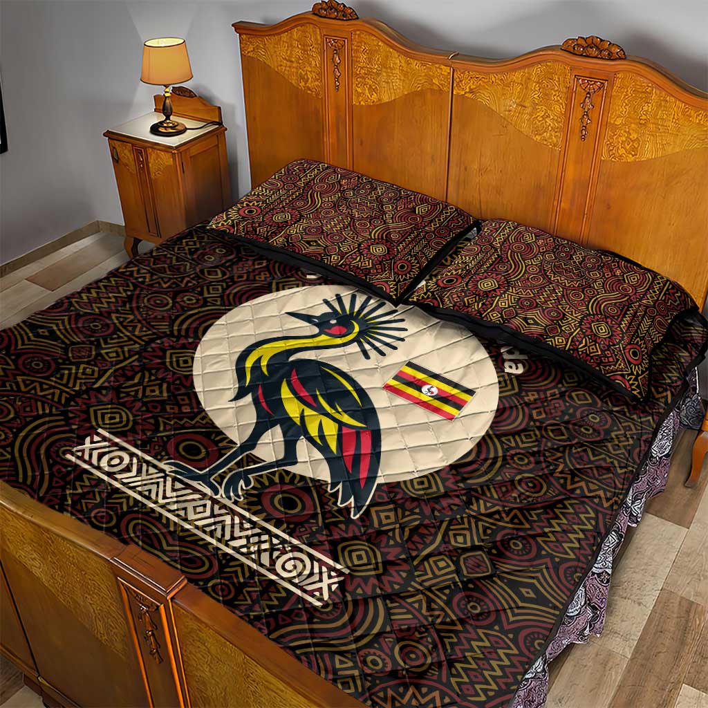 Uganda Quilt Bed Set with Grey Crowned Crane and Tribal Pattern Spirit of Uganda Theme