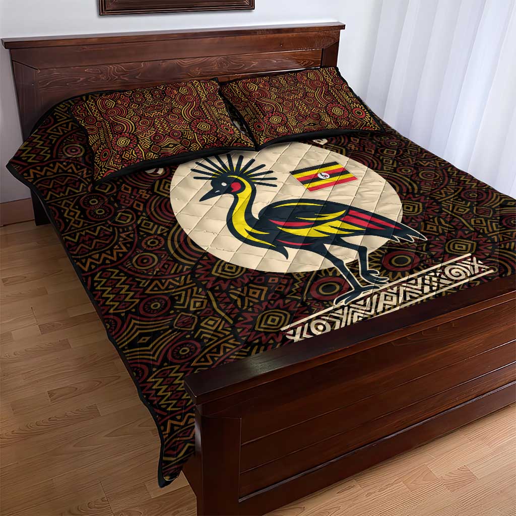 Uganda Quilt Bed Set with Grey Crowned Crane and Tribal Pattern Spirit of Uganda Theme