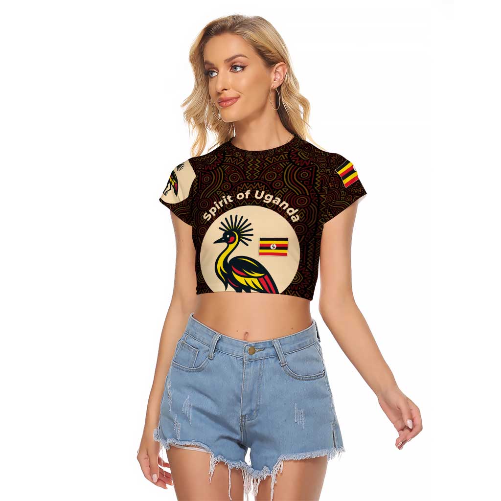 Uganda Raglan Cropped T Shirt with Grey Crowned Crane and Tribal Pattern Spirit of Uganda Theme