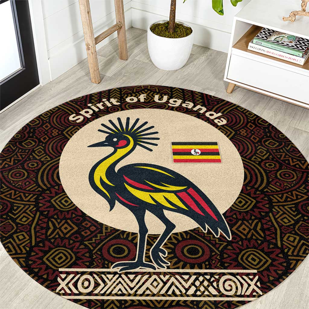 Uganda Round Carpet with Grey Crowned Crane and Tribal Pattern Spirit of Uganda Theme