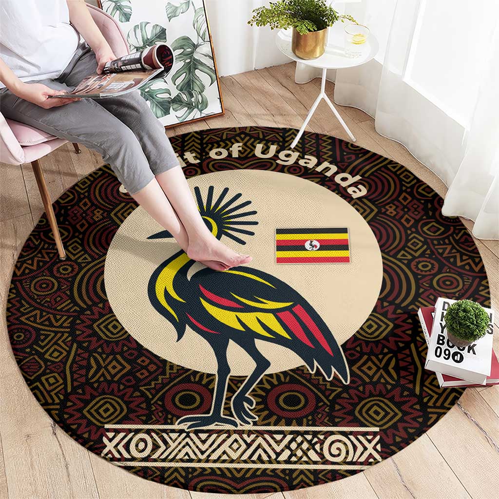 Uganda Round Carpet with Grey Crowned Crane and Tribal Pattern Spirit of Uganda Theme
