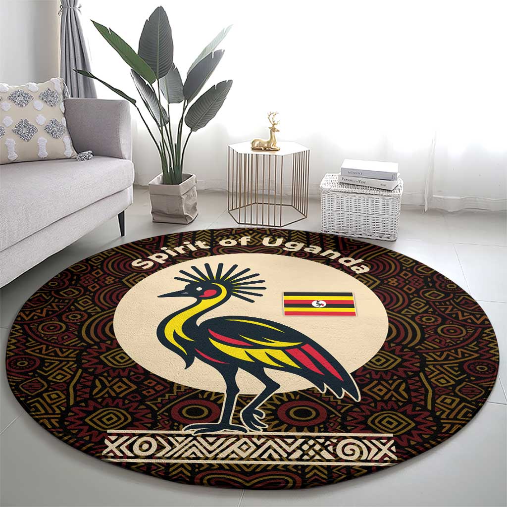 Uganda Round Carpet with Grey Crowned Crane and Tribal Pattern Spirit of Uganda Theme