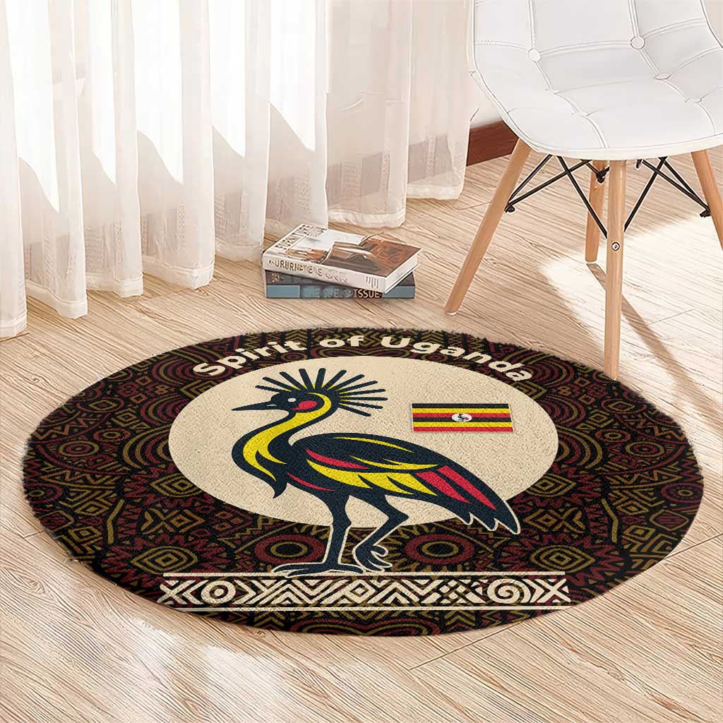 Uganda Round Carpet with Grey Crowned Crane and Tribal Pattern Spirit of Uganda Theme