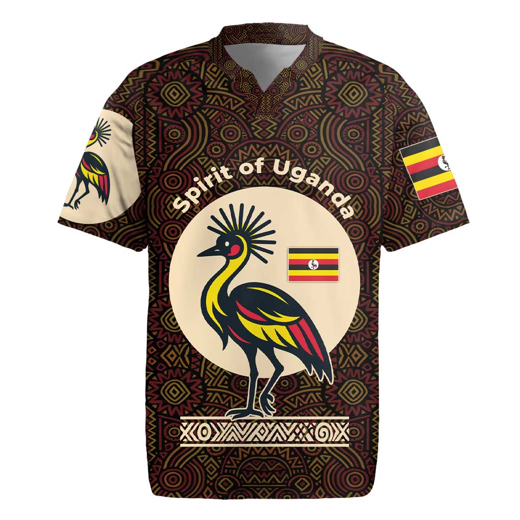 Uganda Rugby Jersey with Grey Crowned Crane and Tribal Pattern Spirit of Uganda Theme