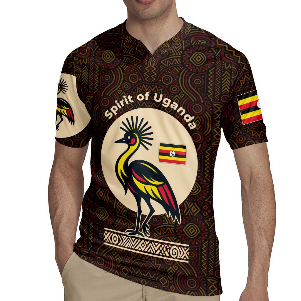 Uganda Rugby Jersey with Grey Crowned Crane and Tribal Pattern Spirit of Uganda Theme