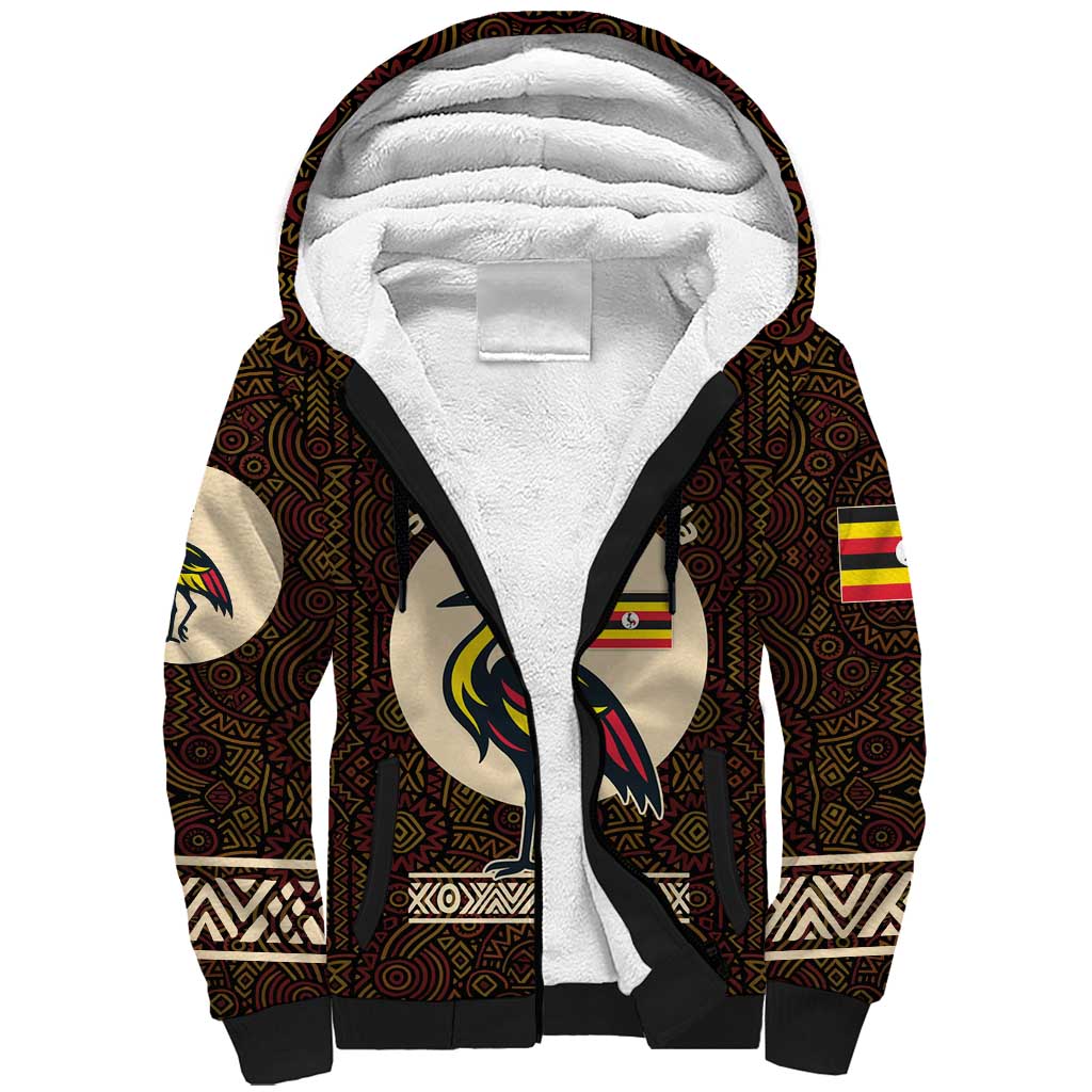 Uganda Sherpa Hoodie with Grey Crowned Crane and Tribal Pattern Spirit of Uganda Theme