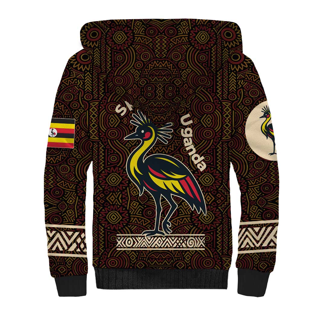 Uganda Sherpa Hoodie with Grey Crowned Crane and Tribal Pattern Spirit of Uganda Theme