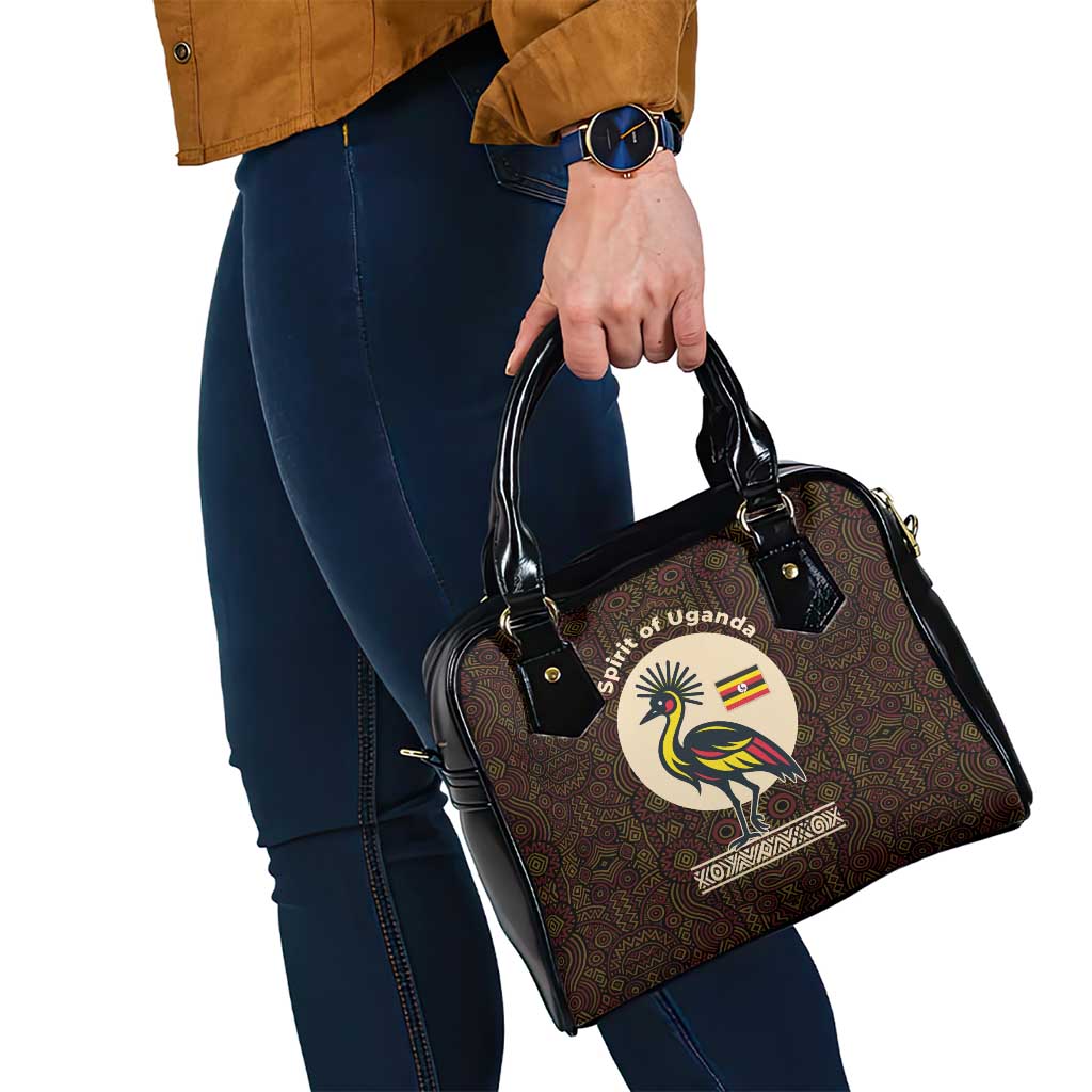 Uganda Shoulder Handbag with Grey Crowned Crane and Tribal Pattern Spirit of Uganda Theme