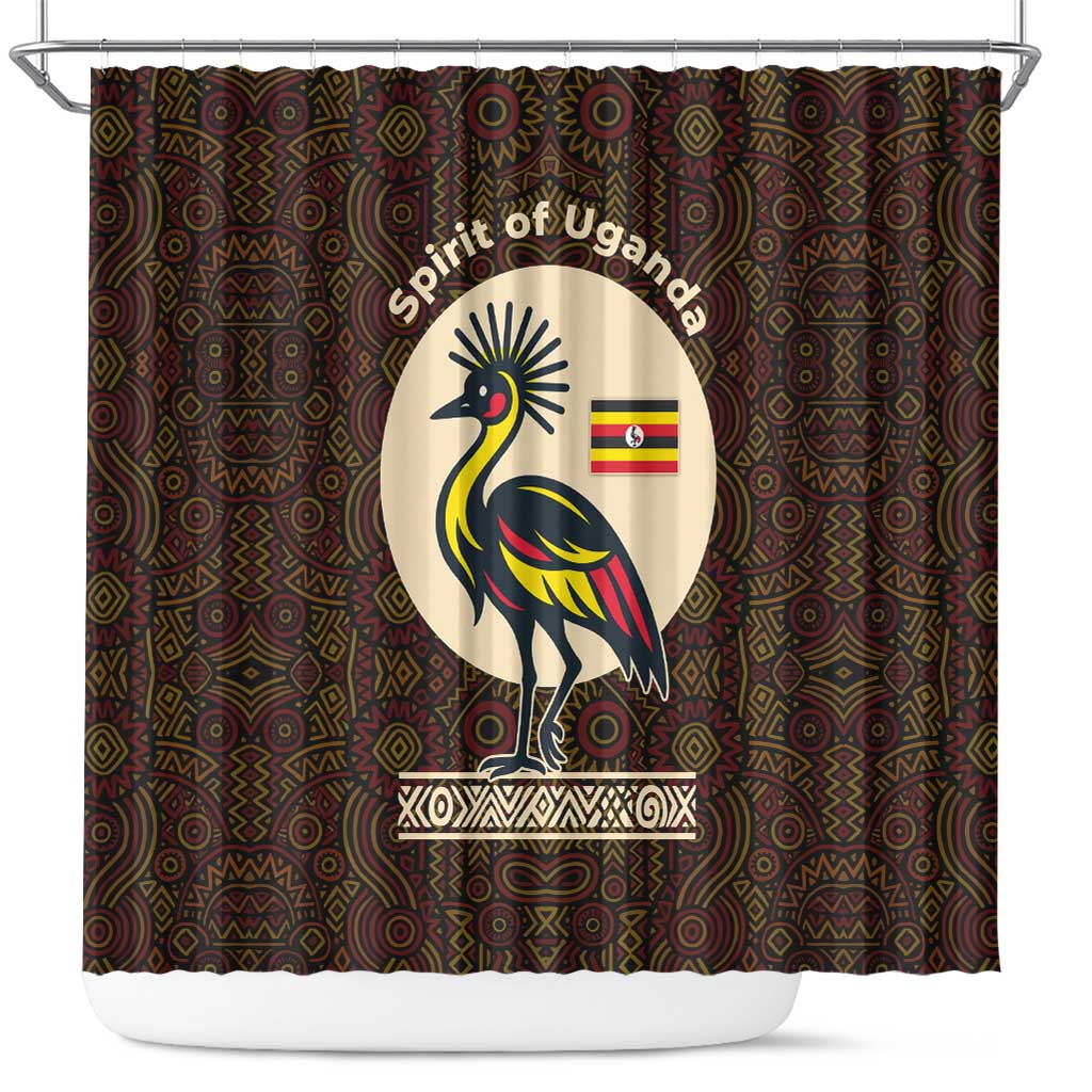 Uganda Shower Curtain with Grey Crowned Crane and Tribal Pattern Spirit of Uganda Theme