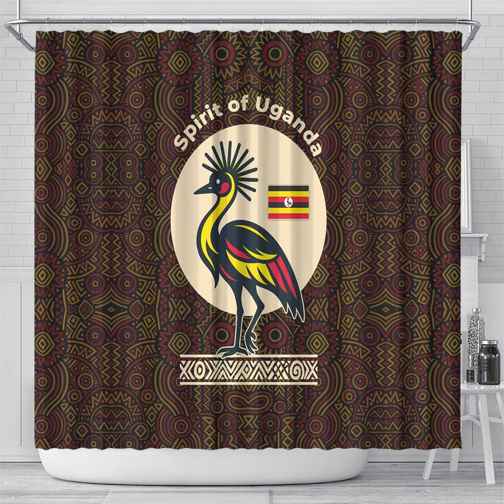 Uganda Shower Curtain with Grey Crowned Crane and Tribal Pattern Spirit of Uganda Theme