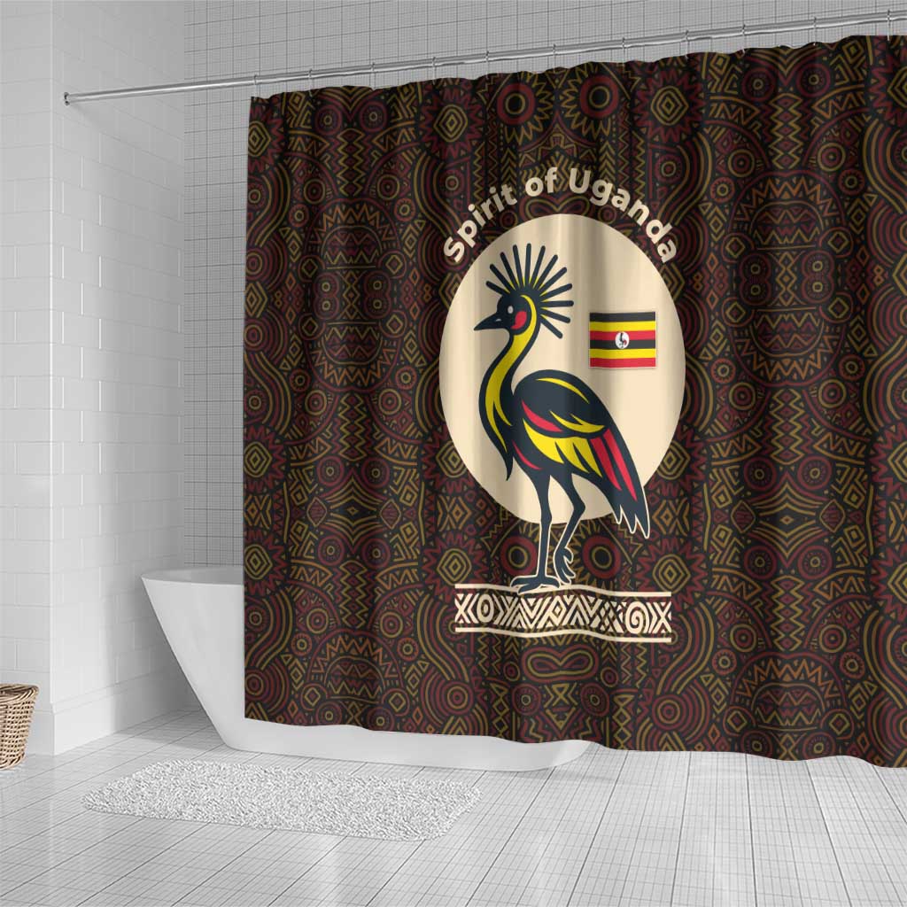 Uganda Shower Curtain with Grey Crowned Crane and Tribal Pattern Spirit of Uganda Theme