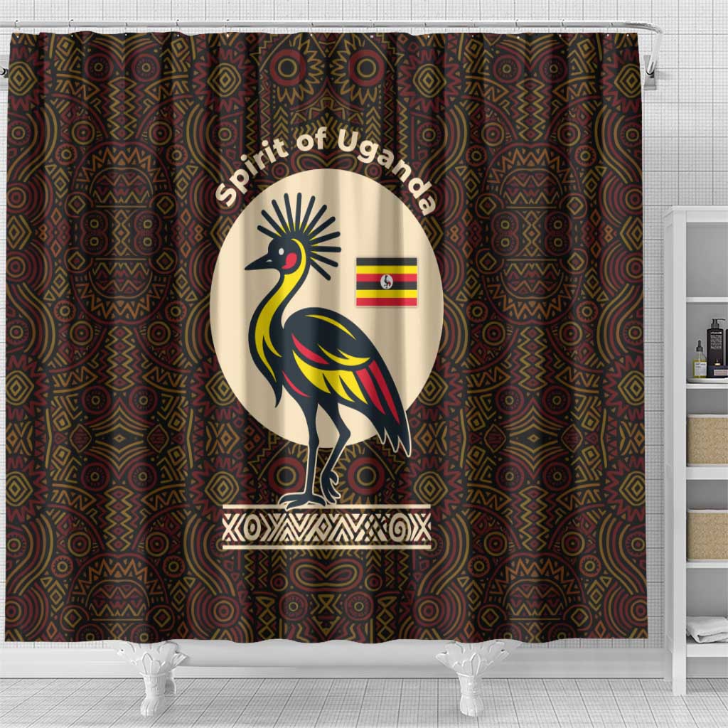 Uganda Shower Curtain with Grey Crowned Crane and Tribal Pattern Spirit of Uganda Theme