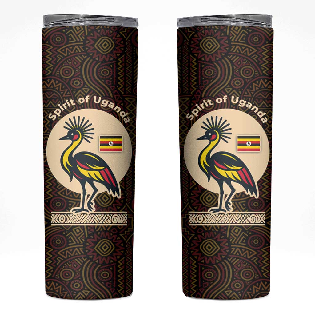 Uganda Skinny Tumbler with Grey Crowned Crane and Tribal Pattern Spirit of Uganda Theme