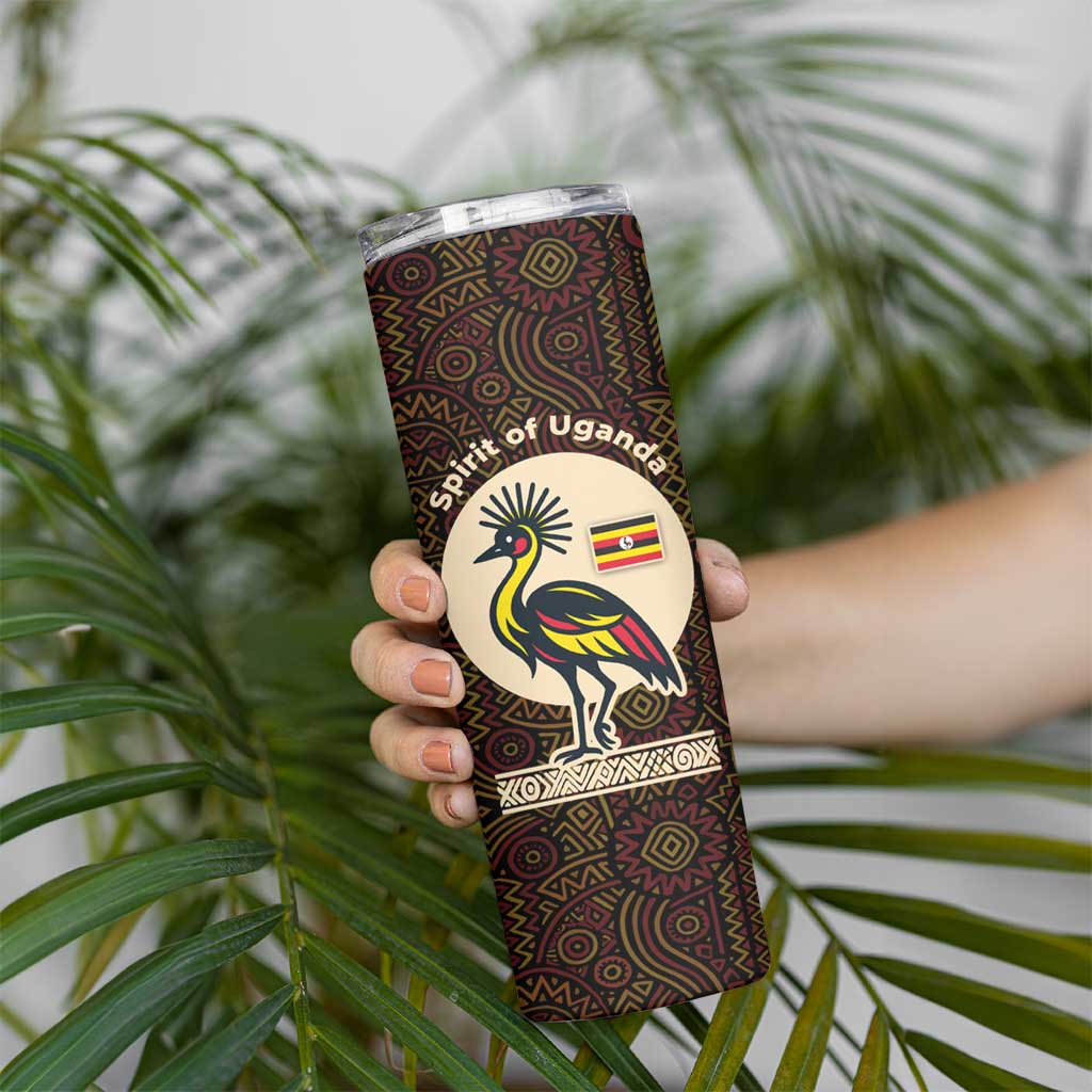 Uganda Skinny Tumbler with Grey Crowned Crane and Tribal Pattern Spirit of Uganda Theme