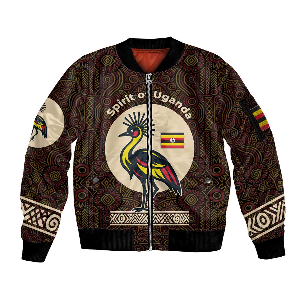 Uganda Sleeve Zip Bomber Jacket with Grey Crowned Crane and Tribal Pattern Spirit of Uganda Theme