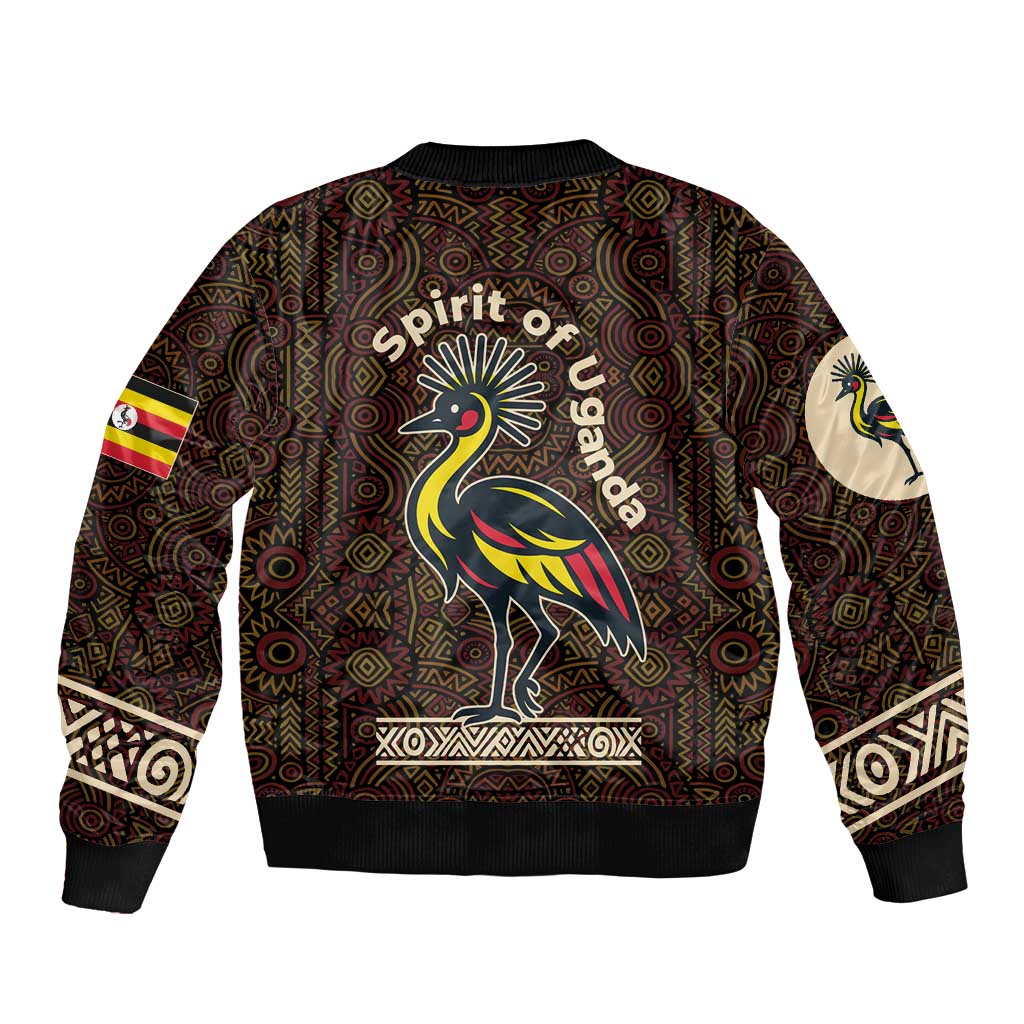 Uganda Sleeve Zip Bomber Jacket with Grey Crowned Crane and Tribal Pattern Spirit of Uganda Theme