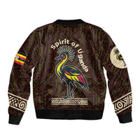 Uganda Sleeve Zip Bomber Jacket with Grey Crowned Crane and Tribal Pattern Spirit of Uganda Theme
