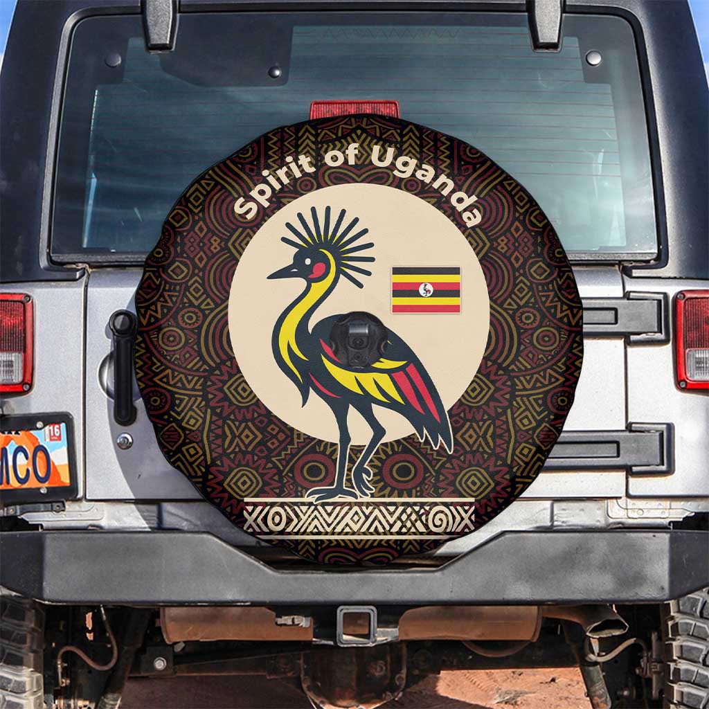 Uganda Spare Tire Cover with Grey Crowned Crane and Tribal Pattern Spirit of Uganda Theme