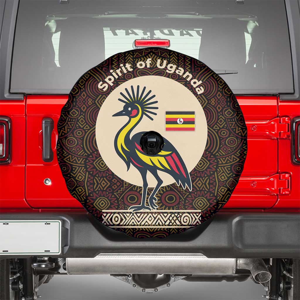 Uganda Spare Tire Cover with Grey Crowned Crane and Tribal Pattern Spirit of Uganda Theme