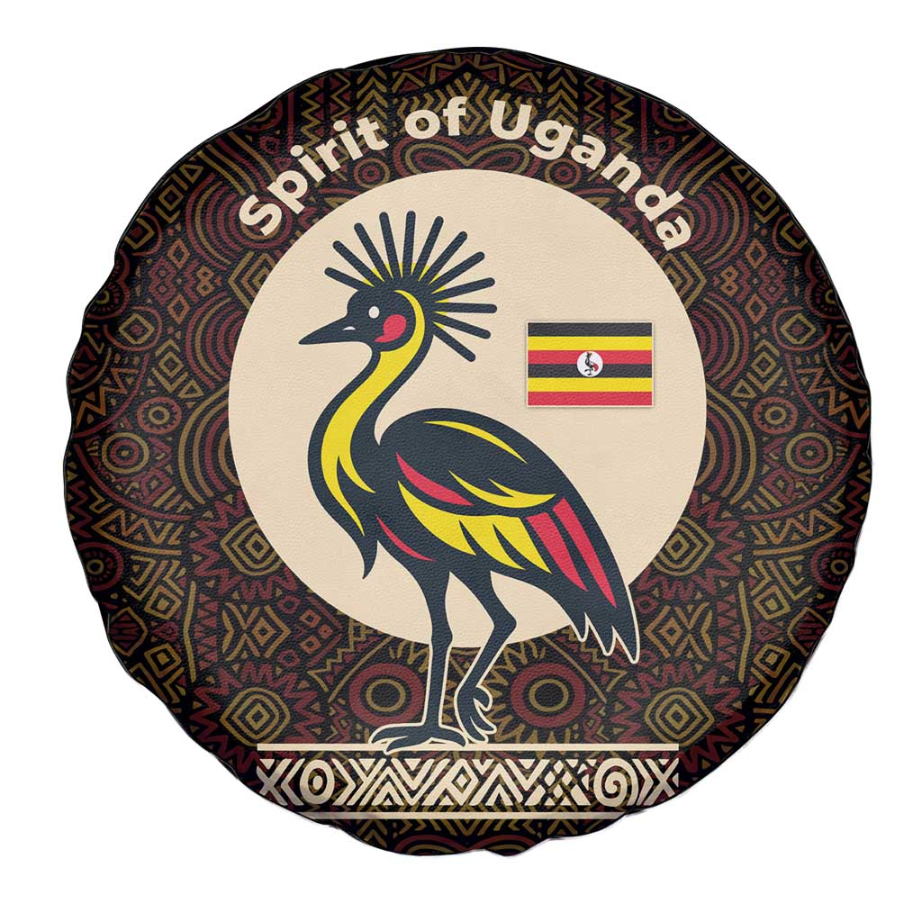 Uganda Spare Tire Cover with Grey Crowned Crane and Tribal Pattern Spirit of Uganda Theme