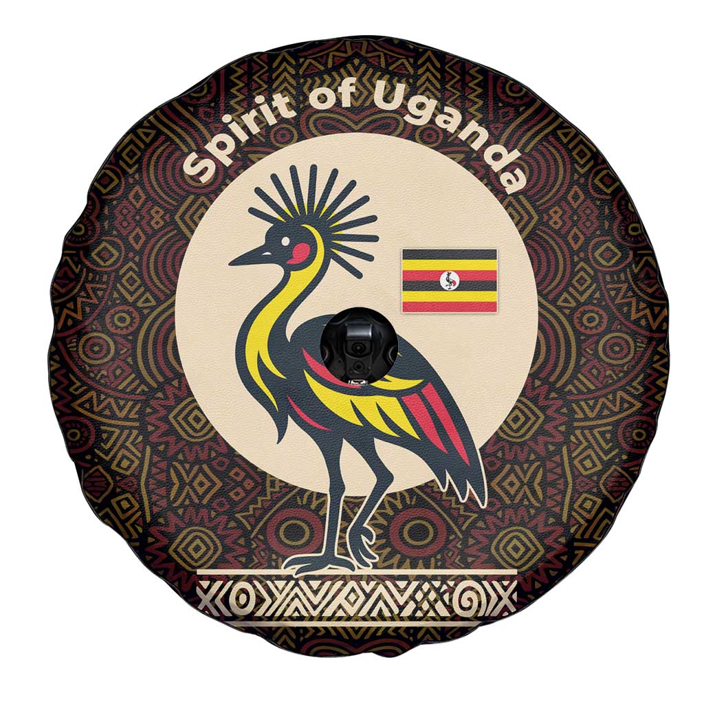 Uganda Spare Tire Cover with Grey Crowned Crane and Tribal Pattern Spirit of Uganda Theme