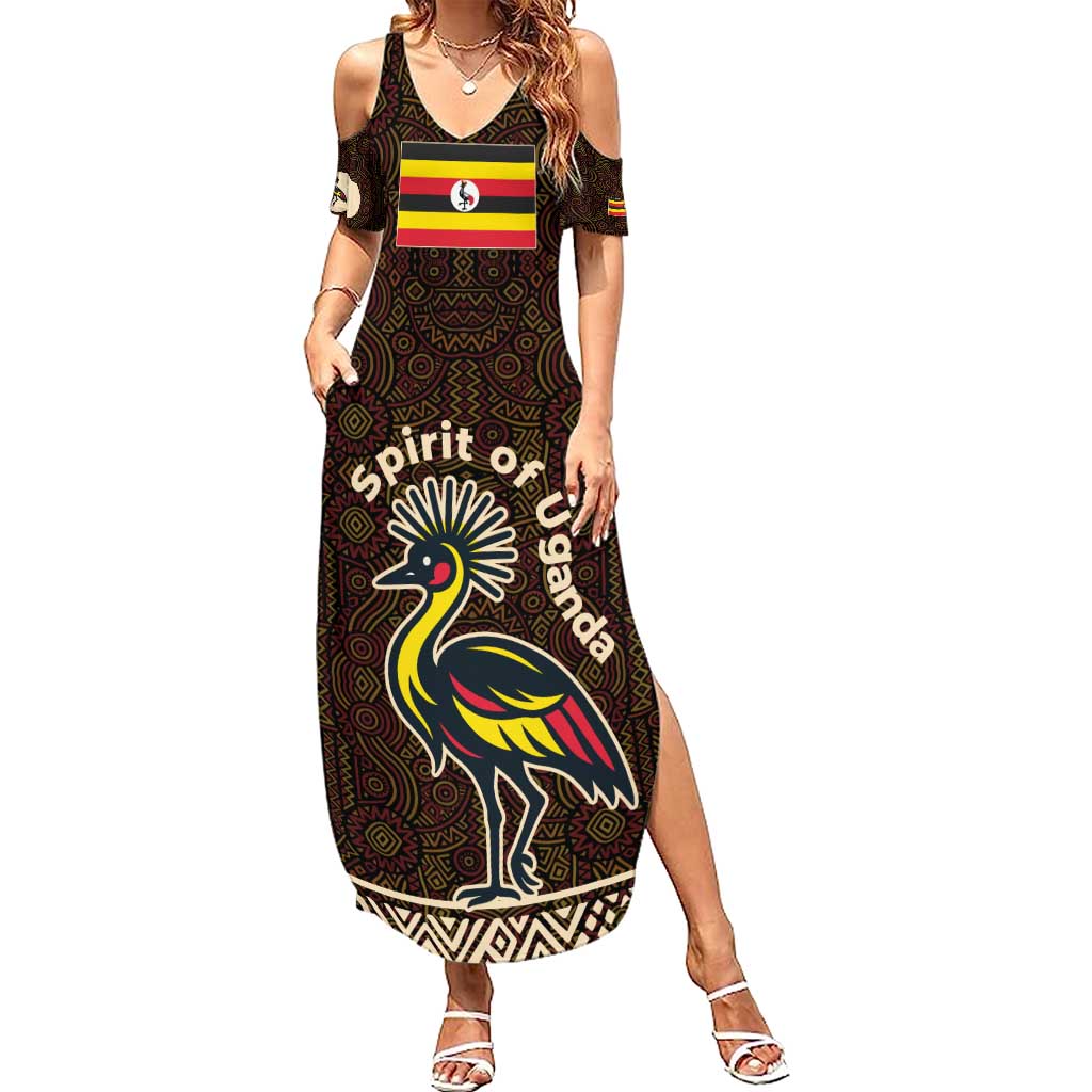 Uganda Summer Maxi Dress with Grey Crowned Crane and Tribal Pattern Spirit of Uganda Theme