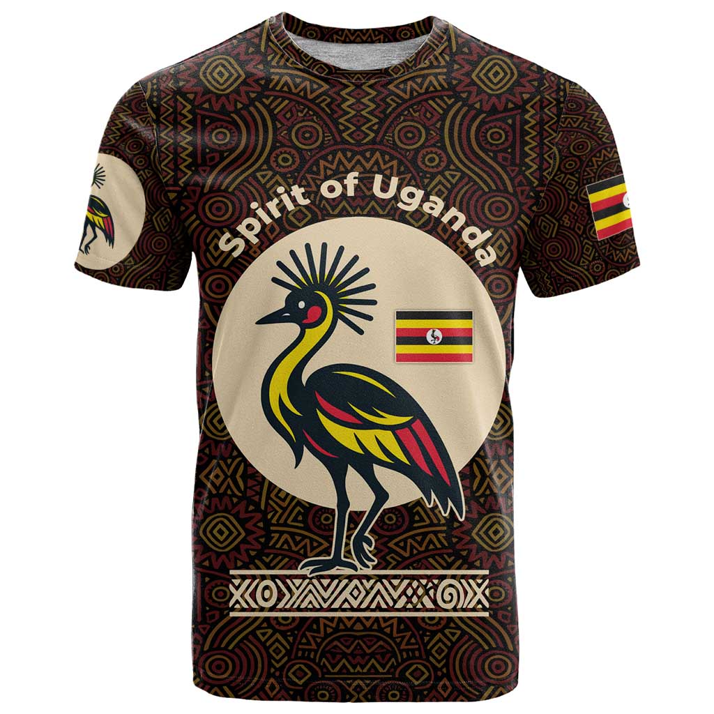 Uganda T Shirt with Grey Crowned Crane and Tribal Pattern Spirit of Uganda Theme
