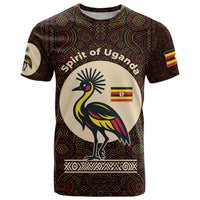 Uganda T Shirt with Grey Crowned Crane and Tribal Pattern Spirit of Uganda Theme
