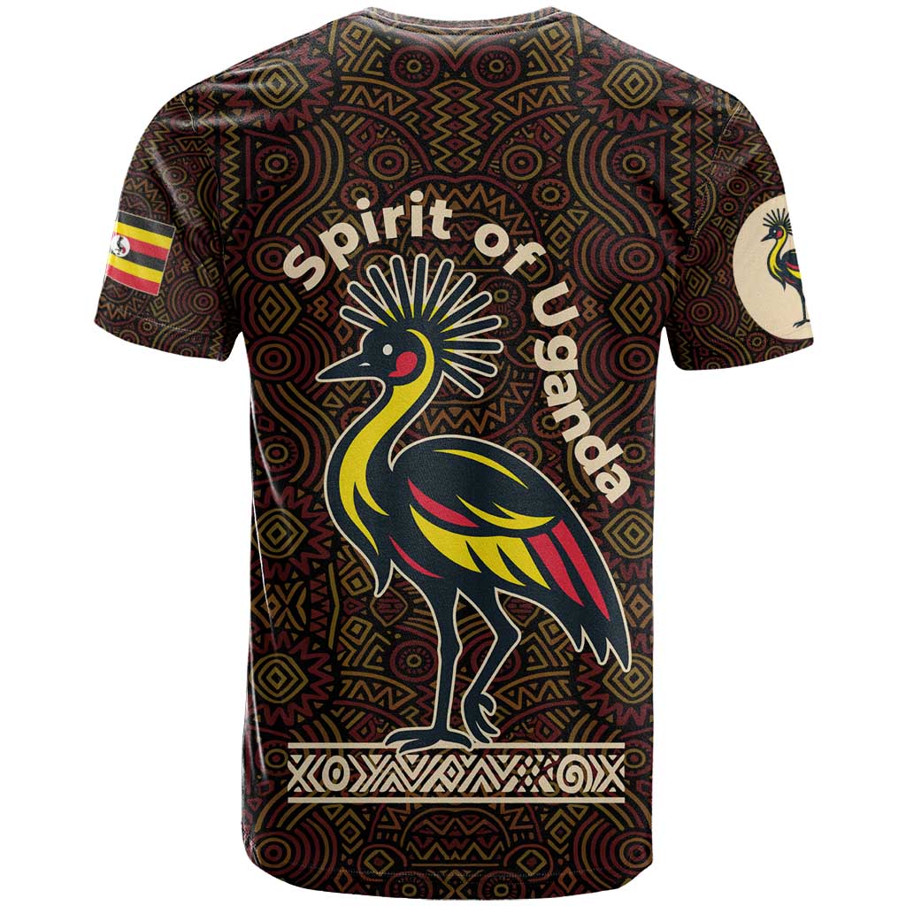 Uganda T Shirt with Grey Crowned Crane and Tribal Pattern Spirit of Uganda Theme