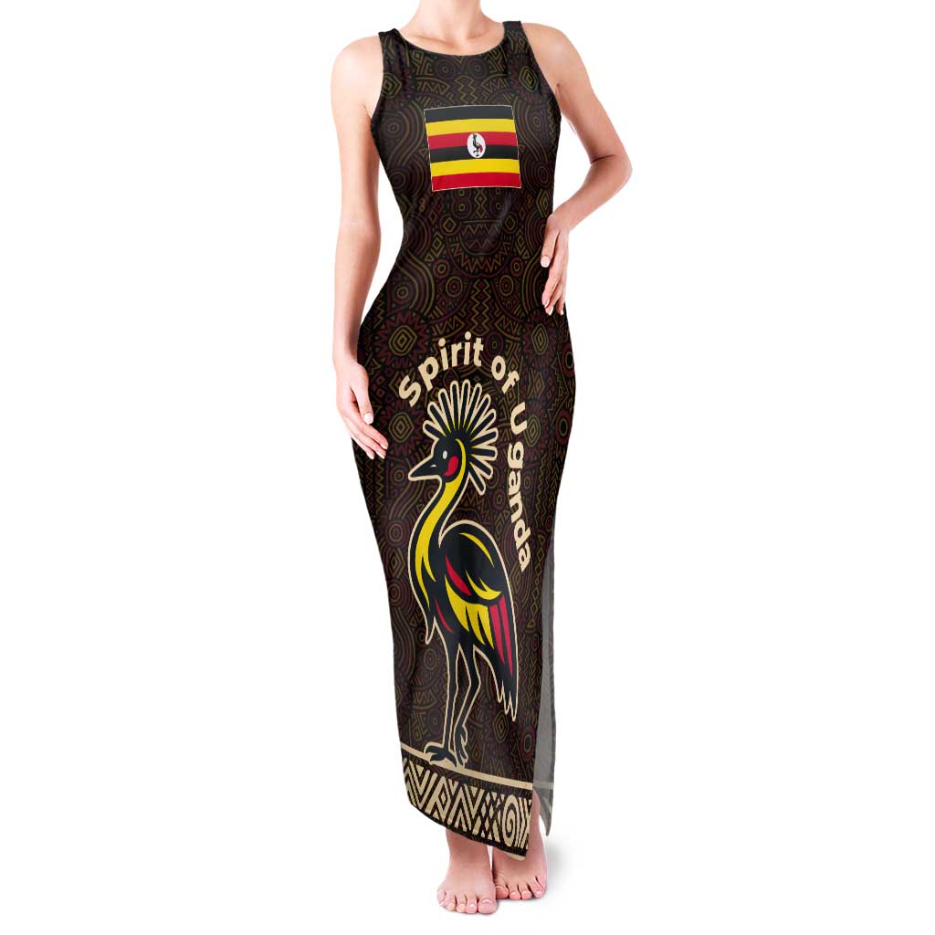 Uganda Tank Maxi Dress with Grey Crowned Crane and Tribal Pattern Spirit of Uganda Theme