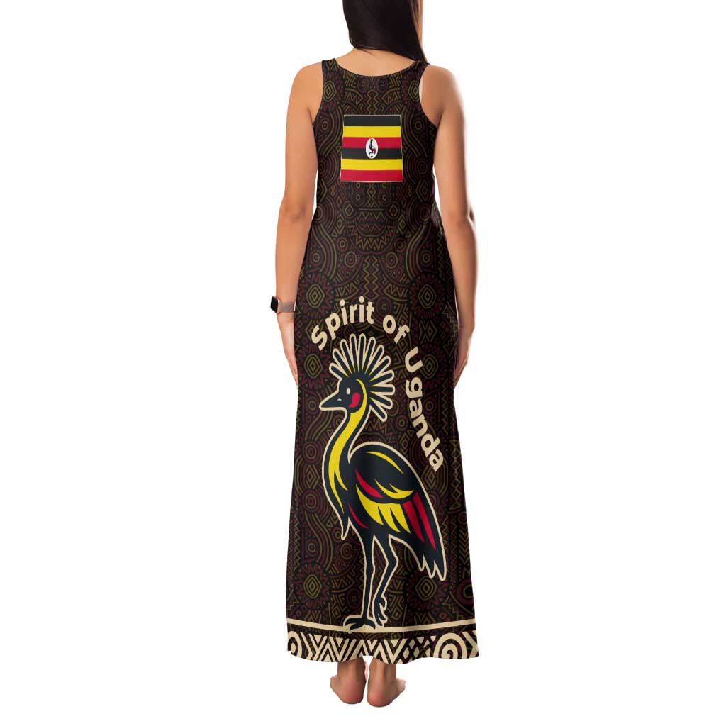 Uganda Tank Maxi Dress with Grey Crowned Crane and Tribal Pattern Spirit of Uganda Theme