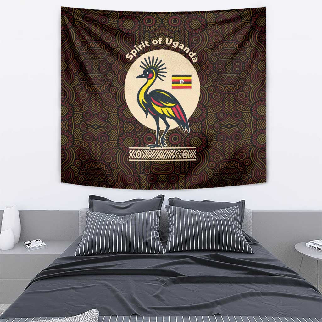 Uganda Tapestry with Grey Crowned Crane and Tribal Pattern Spirit of Uganda Theme