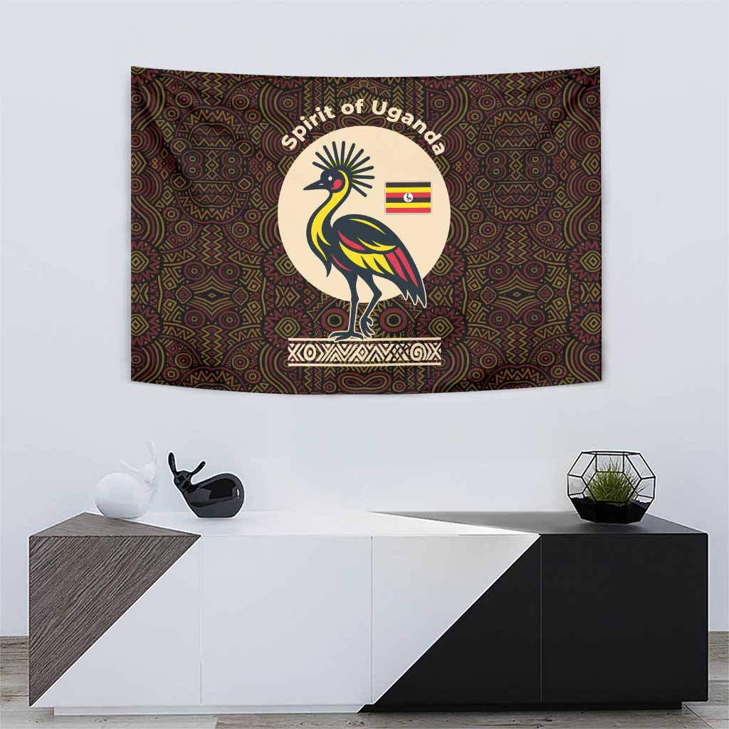 Uganda Tapestry with Grey Crowned Crane and Tribal Pattern Spirit of Uganda Theme