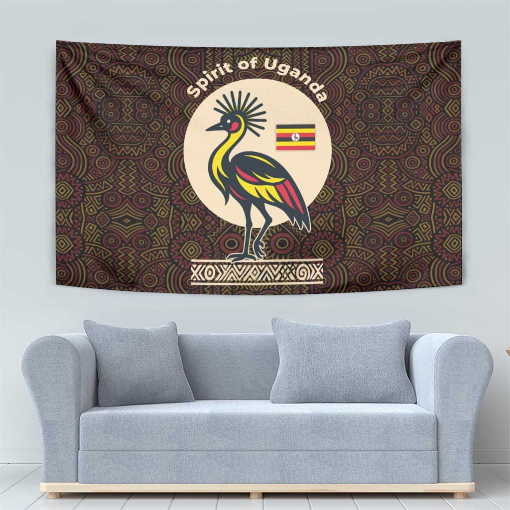 Uganda Tapestry with Grey Crowned Crane and Tribal Pattern Spirit of Uganda Theme